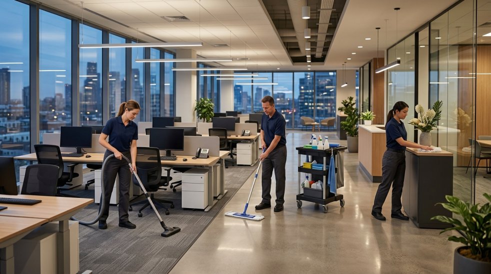 Cleaning crew vacuuming, mopping, and wiping surfaces in a modern office with city skyline views at dusk